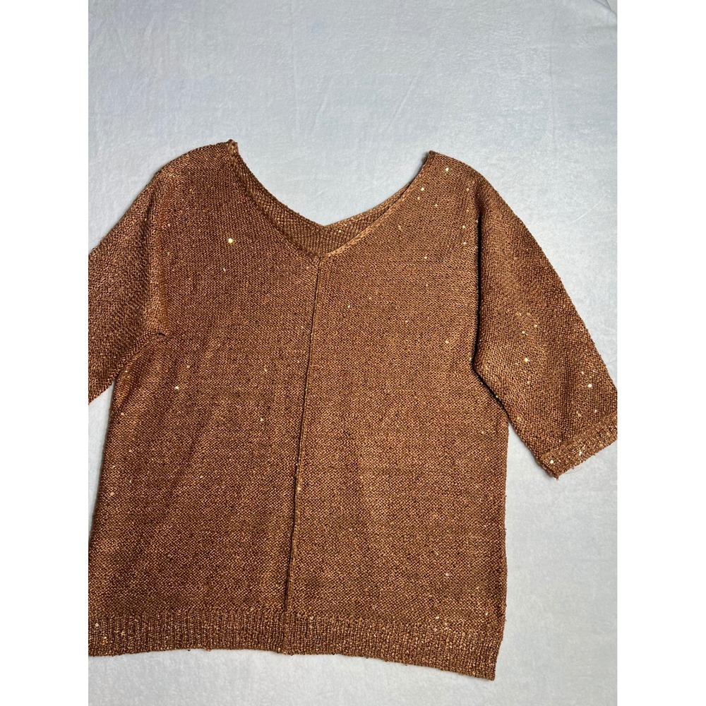 Copper Bronze Metallic Sequin V-Neck Short Sleeve Knit Sweater Size M